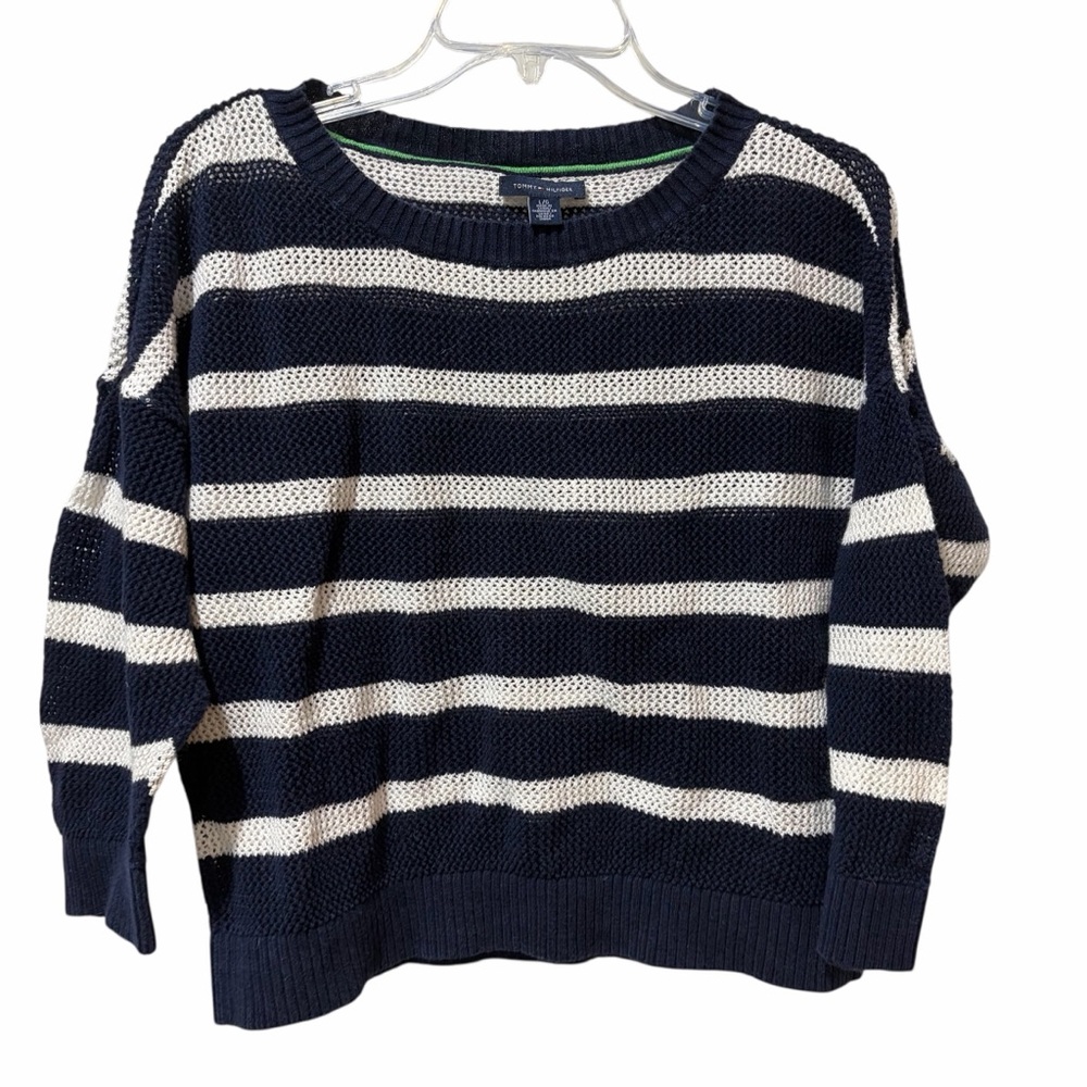 Tommy Hilfiger Knitted Top Large Women Navy Blue White Striped Knit Lightweight - Picture 1 of 7